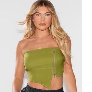 Olive Contrast Stitch Zip Detail Crop Top